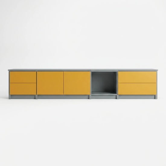 TV-Schrank mit Schubladen und Türen | Lundia Original | Betongraues & safranfarbenes Holz, vooraanzicht