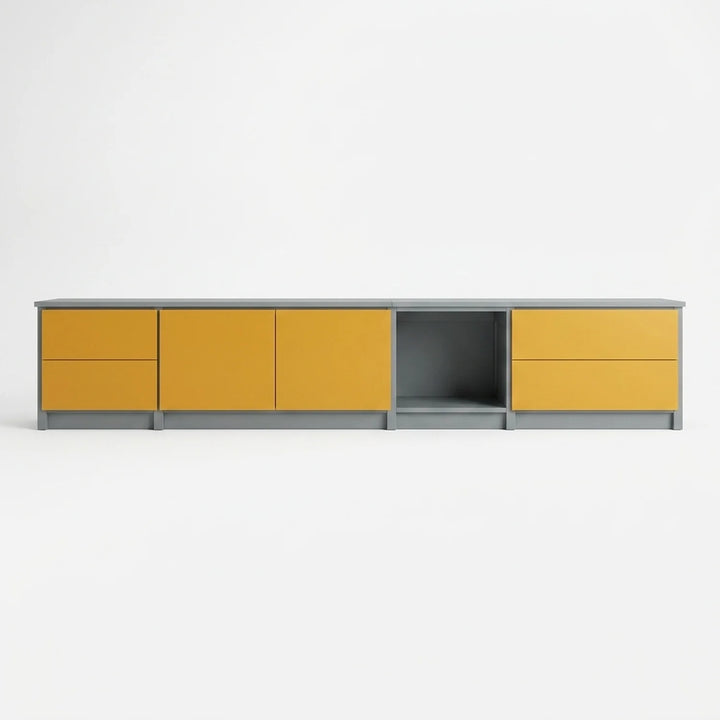 TV-Schrank mit Schubladen und Türen | Lundia Original | Betongraues & safranfarbenes Holz, vooraanzicht