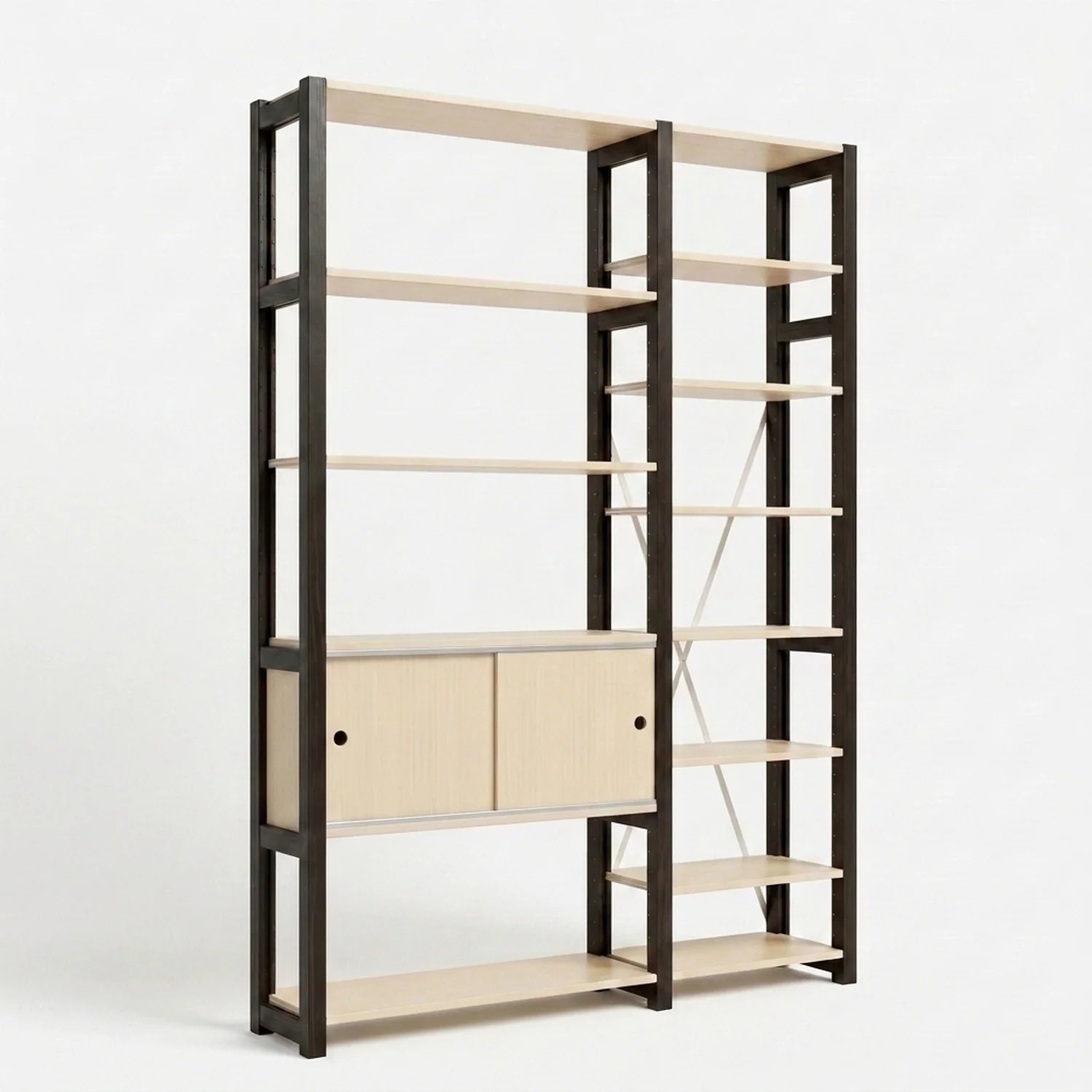 Moderner Bücherschrank mit Schiebetüren | Lundia Original | Klar lackiertes und schwarzes Holz, perspectief