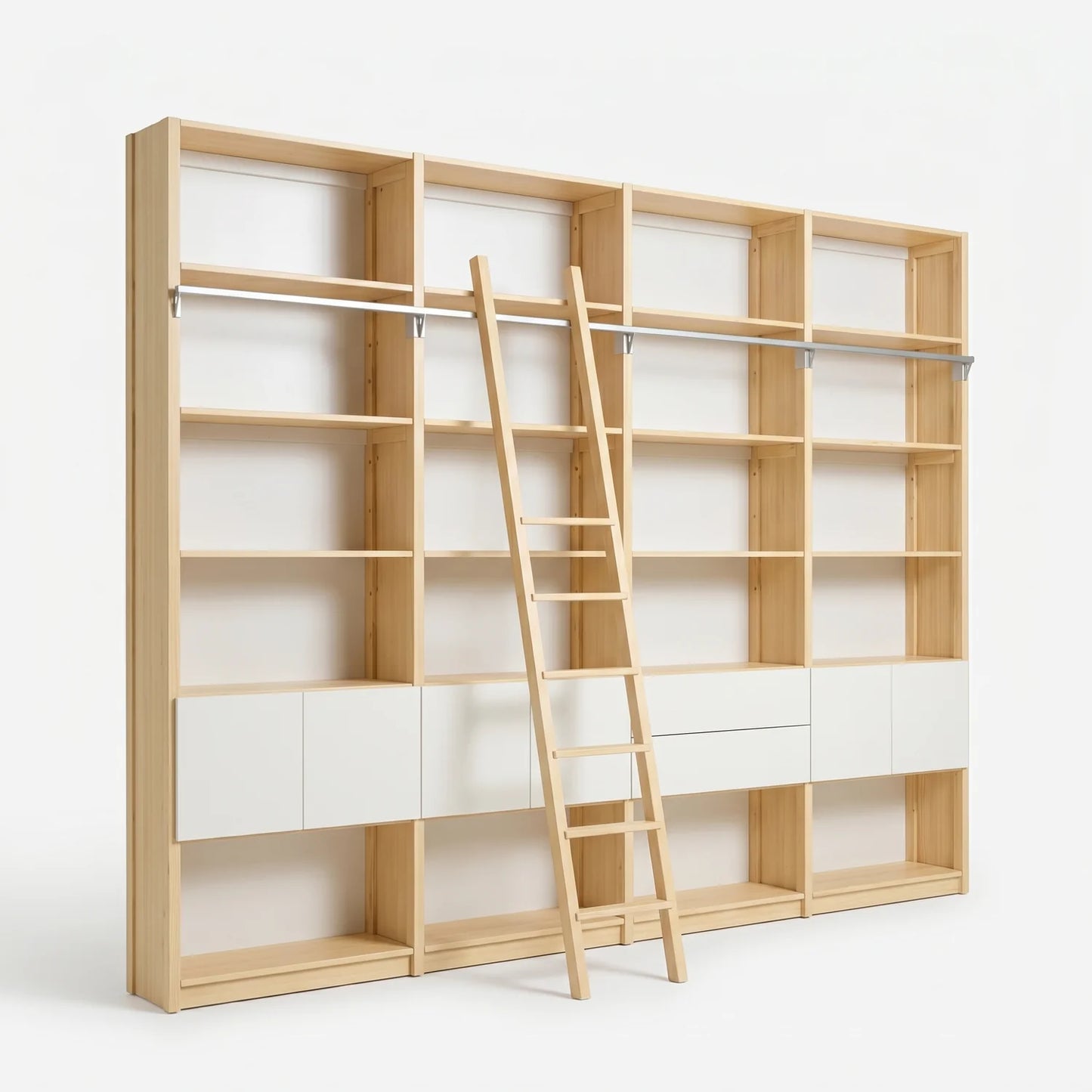 Skandinavisches Bücherregal mit Schubladen, Türen und Leiter | Lundia Original | Farblos lackiert & Weiß, perspectief