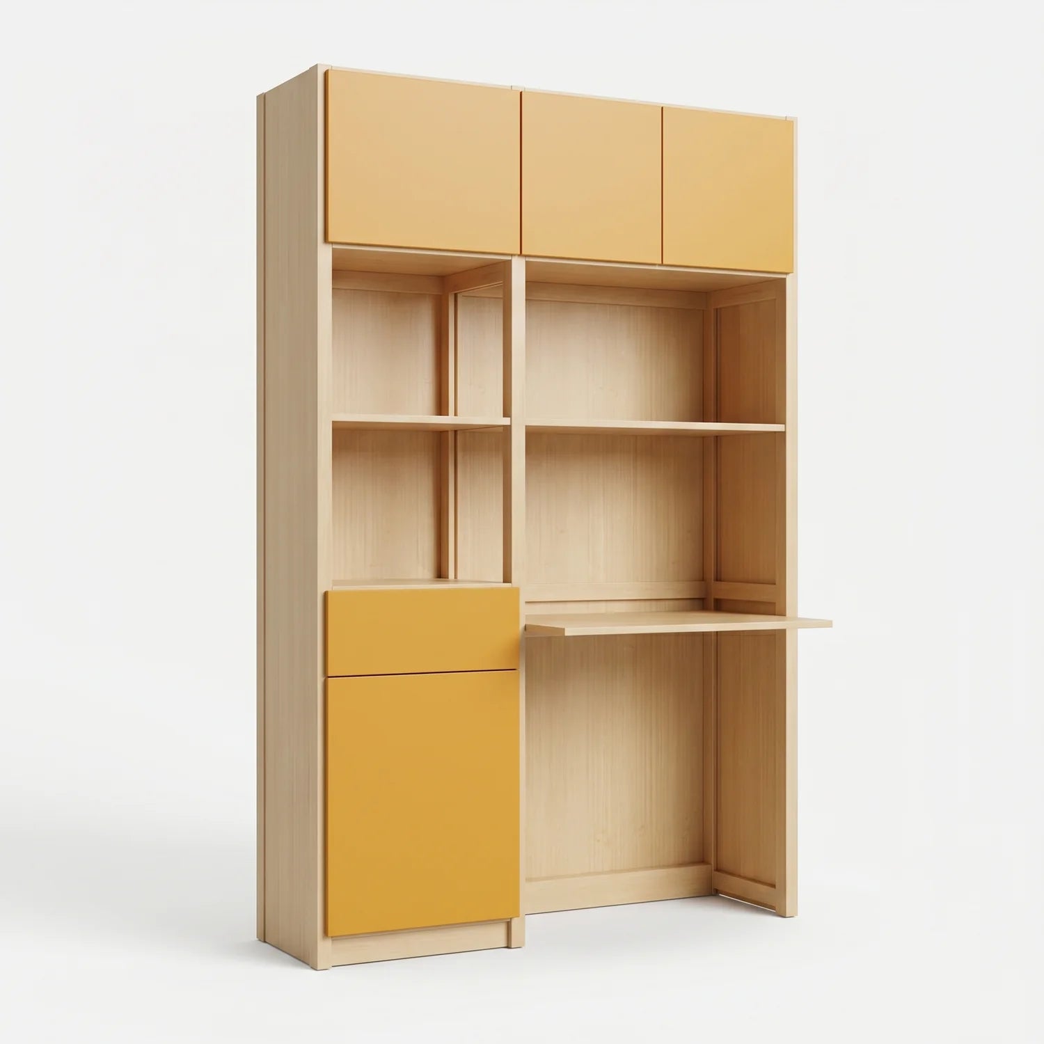 Schreibtischschrank mit Schreibtisch und Schublade | Lundia Original | Farblos lackiert & Safrangelb, perspectief