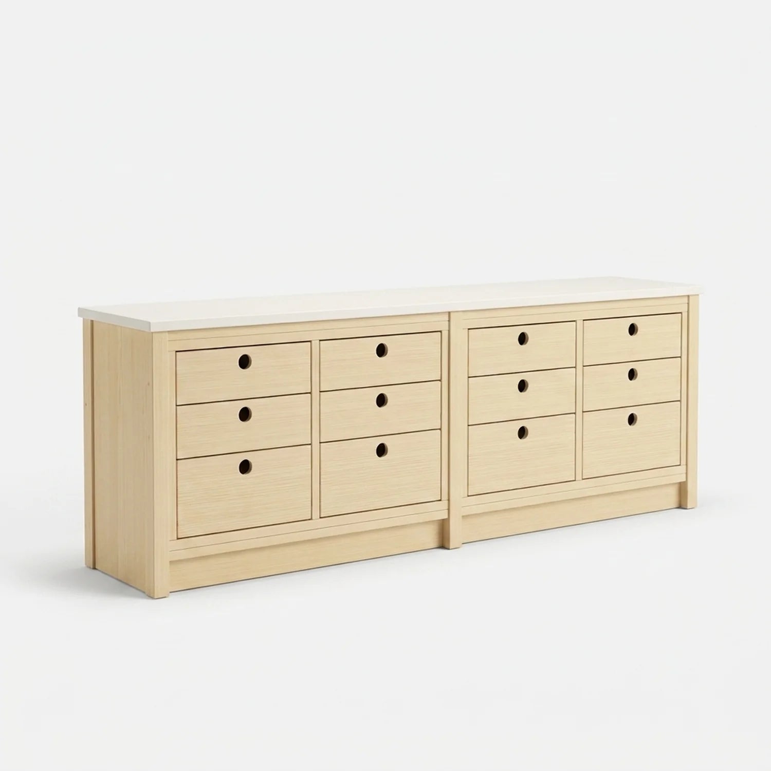 Niedrige skandinavische Kommode | Lundia Original | Klar lackiert & weißes Holz, perspectief