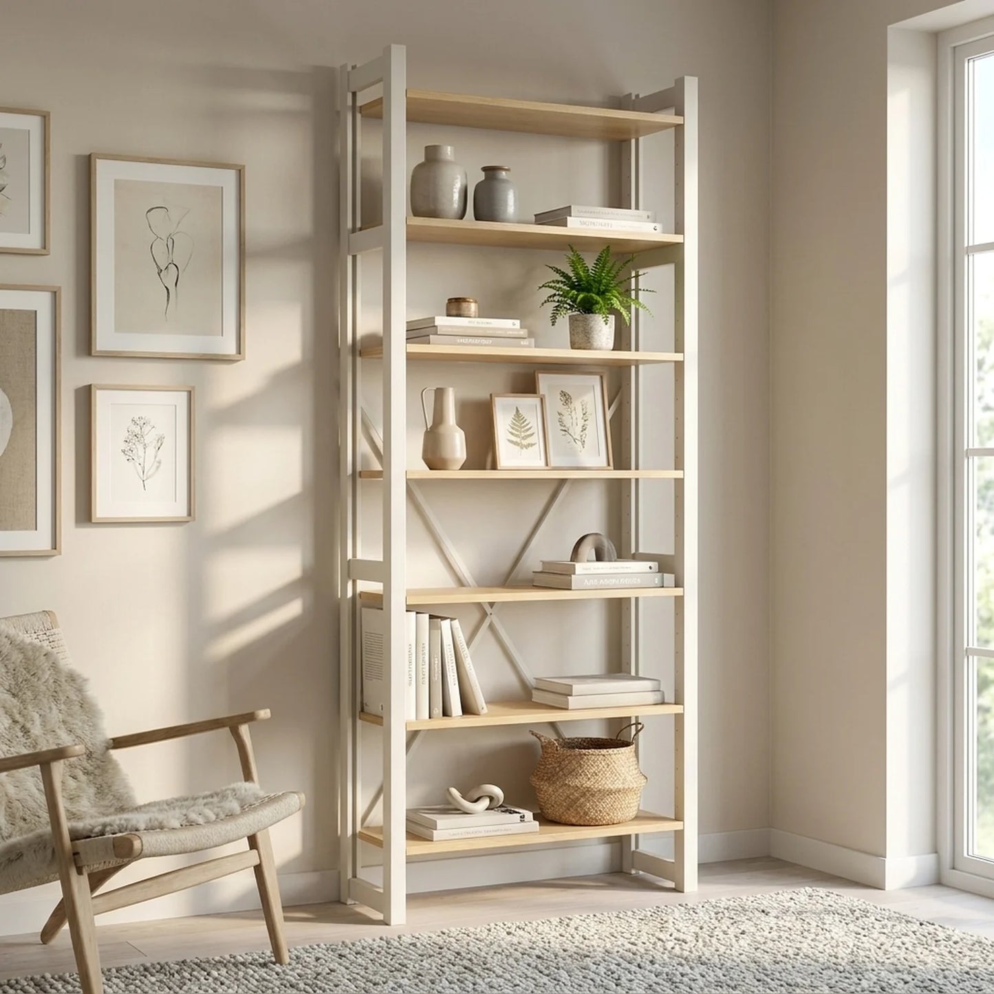 Skandinavisches Bücherregal | Lundia Original | Klar lackiert & Weiß, sfeerbeeld perspectief