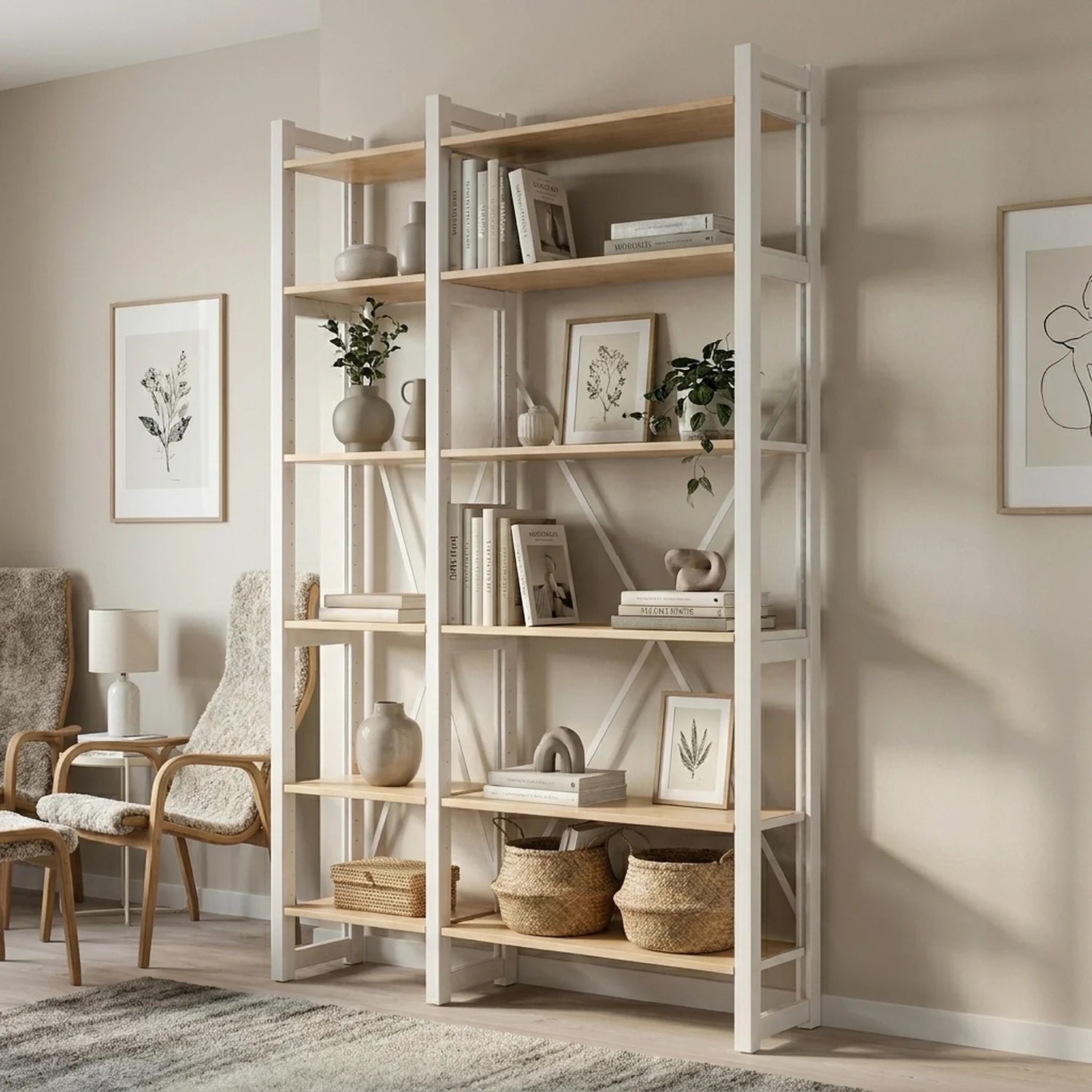 Skandinavisches Bücherregal | Lundia Original | Klar lackiert & weißes Holz, sfeerbeeld perspectief