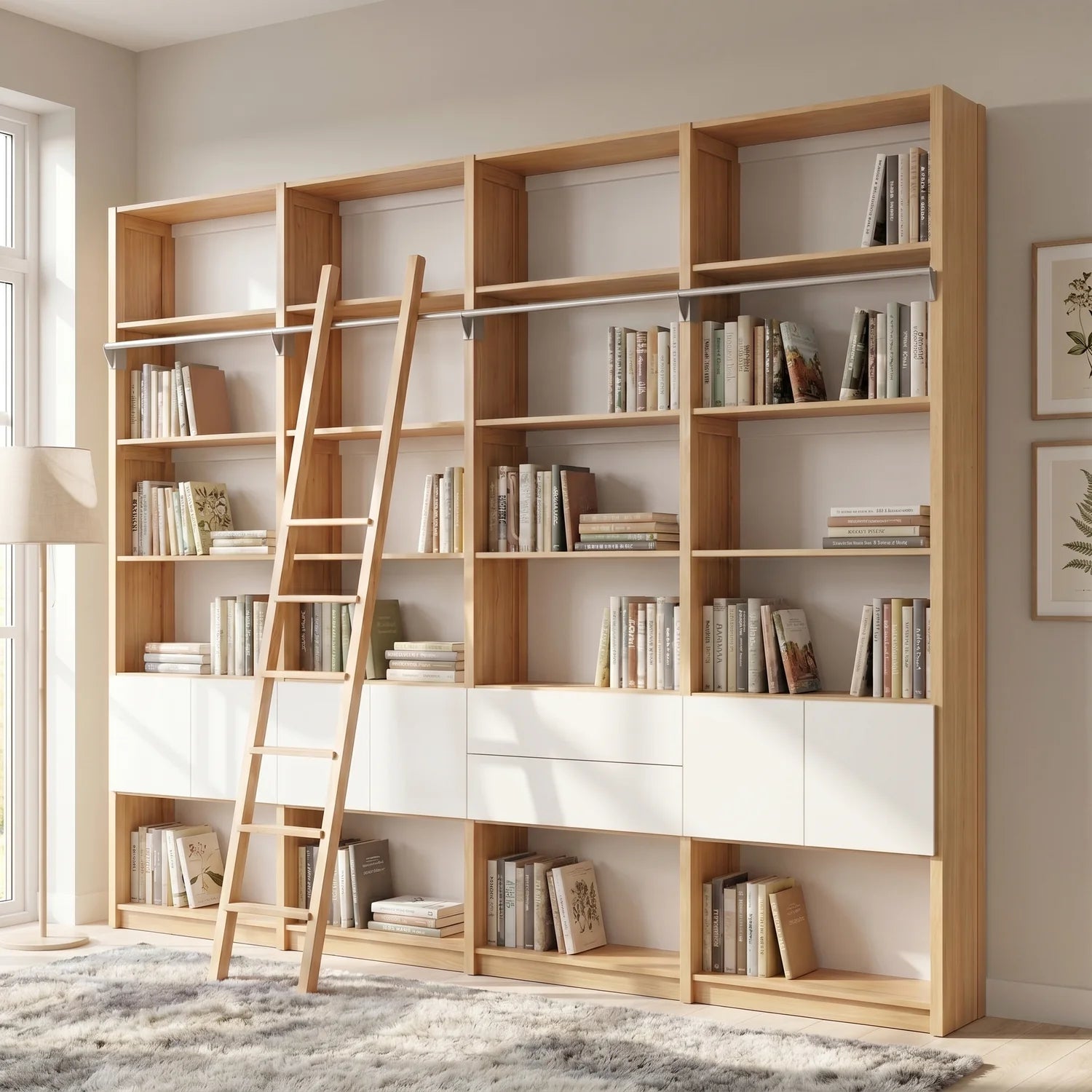 Skandinavisches Bücherregal mit Schubladen, Türen und Leiter | Lundia Original | Farblos lackiert & Weiß, sfeerbeeld perspectief