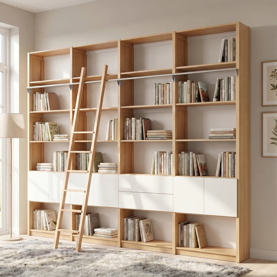 Skandinavisches Bücherregal mit Schubladen, Türen und Leiter | Lundia Original | Farblos lackiert & Weiß, sfeerbeeld perspectief