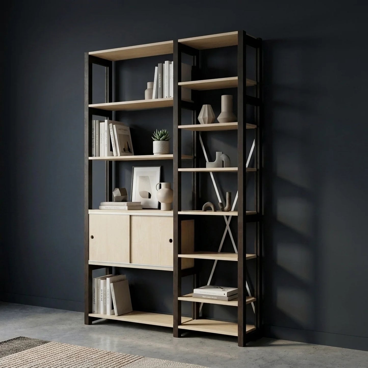 Moderner Bücherschrank mit Schiebetüren | Lundia Original | Klar lackiertes und schwarzes Holz, sfeerbeeld perspectief