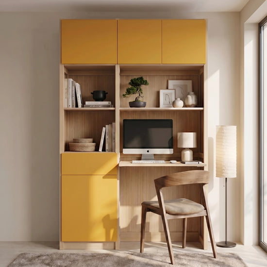 Schreibtischschrank mit Schreibtisch und Schublade | Lundia Original | Farblos lackiert & Safrangelb, sfeerbeeld perspectief