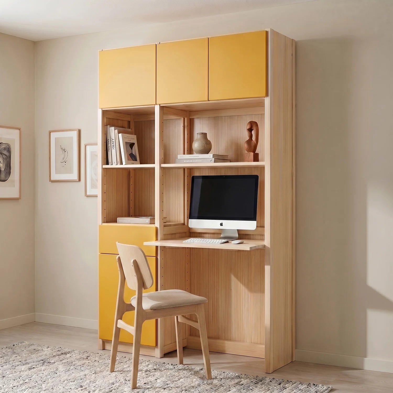 Schreibtischschrank mit Schreibtisch und Schublade | Lundia Original | Farblos lackiert & Safrangelb, sfeerbeeld vooraanzicht