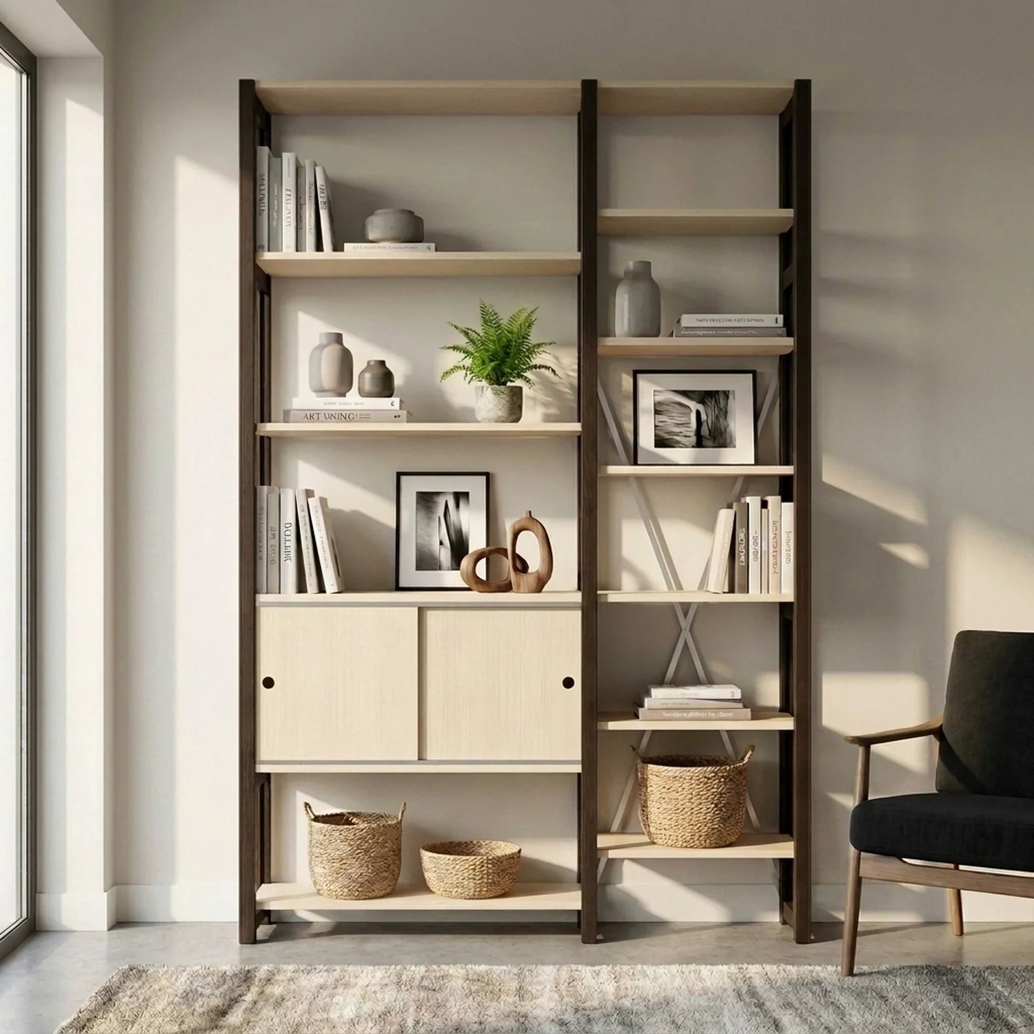 Moderner Bücherschrank mit Schiebetüren | Lundia Original | Klar lackiertes und schwarzes Holz, sfeerbeeld vooraanzicht