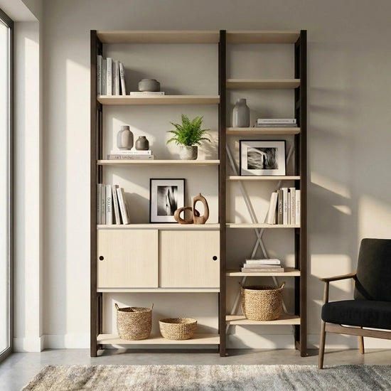 Moderner Bücherschrank mit Schiebetüren | Lundia Original | Klar lackiertes und schwarzes Holz, sfeerbeeld vooraanzicht