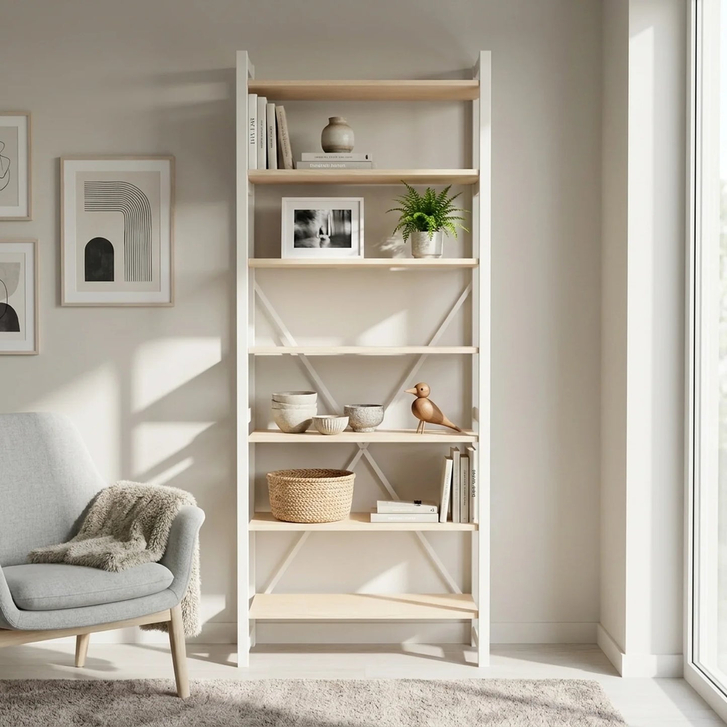 Skandinavisches Bücherregal | Lundia Original | Klar lackiert & Weiß, sfeerbeeld vooraanzicht