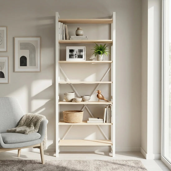 Skandinavisches Bücherregal | Lundia Original | Klar lackiert & Weiß, sfeerbeeld vooraanzicht