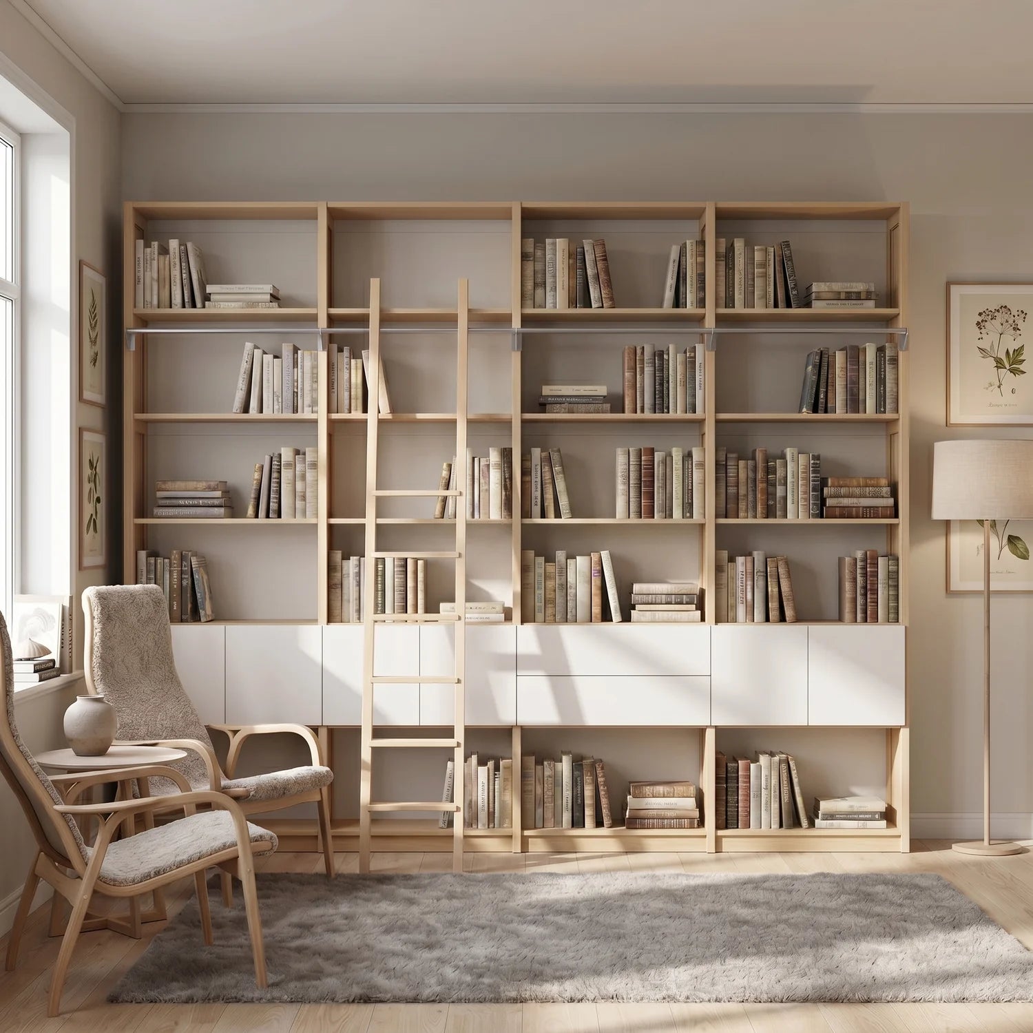 Skandinavisches Bücherregal mit Schubladen, Türen und Leiter | Lundia Original | Farblos lackiert & Weiß, sfeerbeeld vooraanzicht