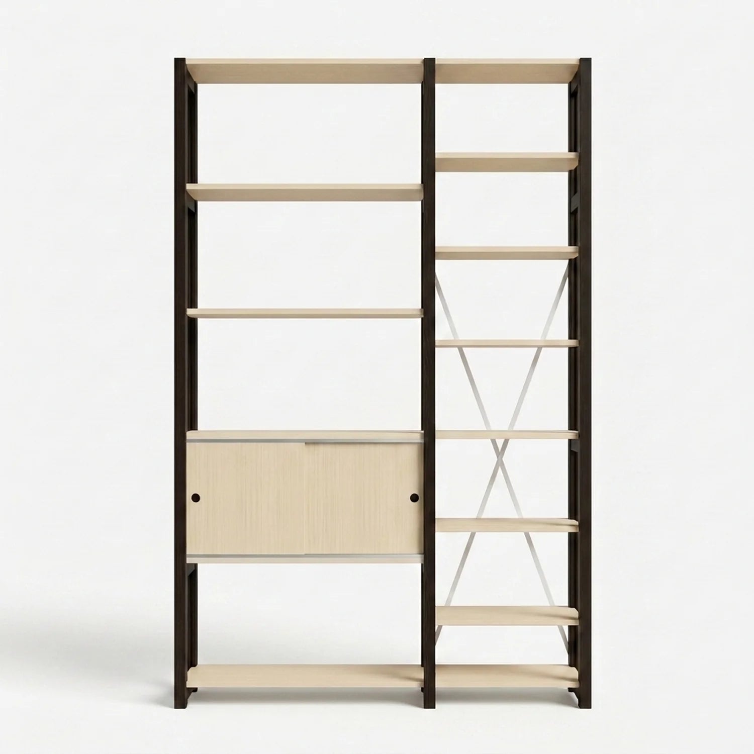 Moderner Bücherschrank mit Schiebetüren | Lundia Original | Klar lackiertes und schwarzes Holz, vooraanzicht