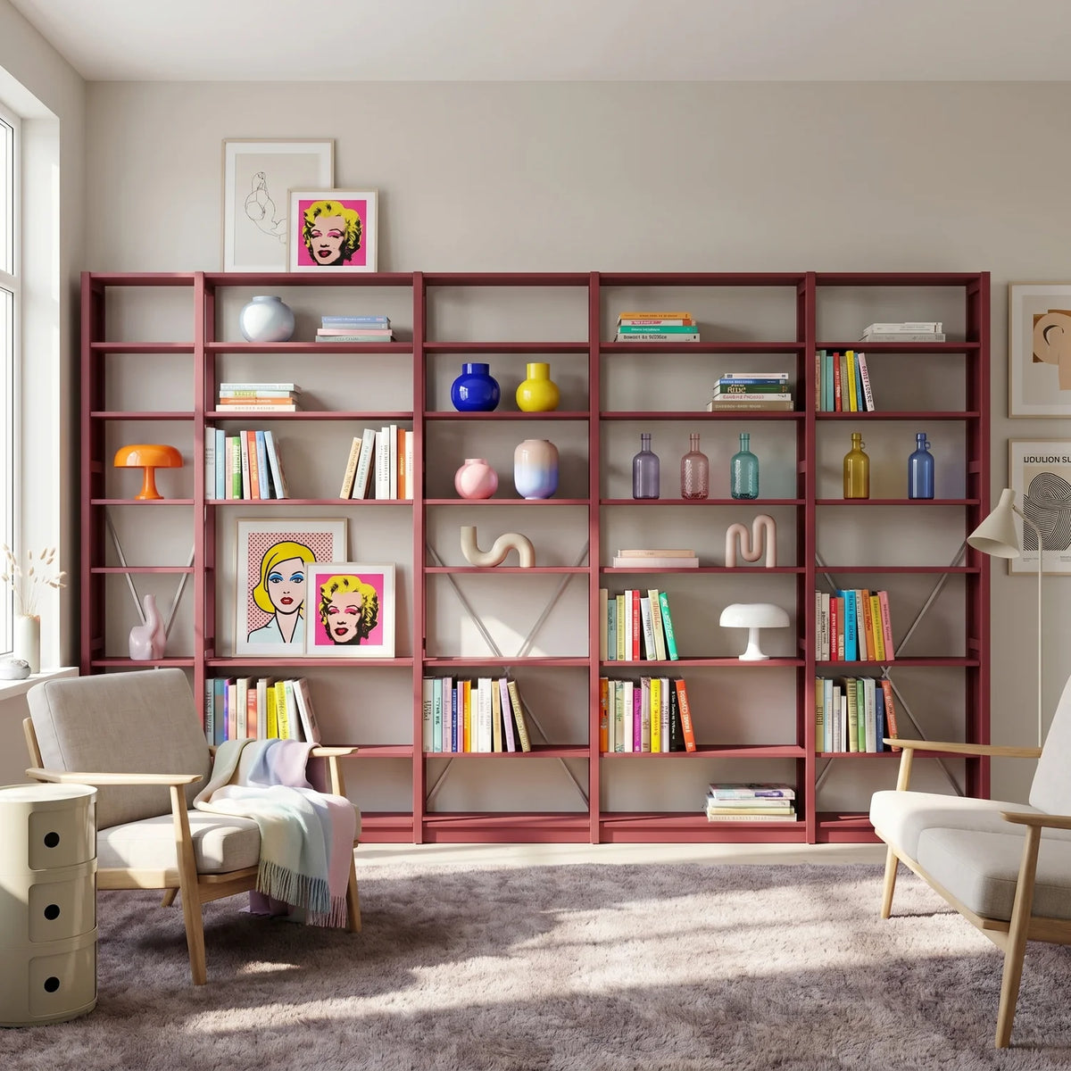 Bücherregal mit Diagonalen | Lundia Original | Bordeauxrot & Weißes Metall, sfeerbeeld perspectief