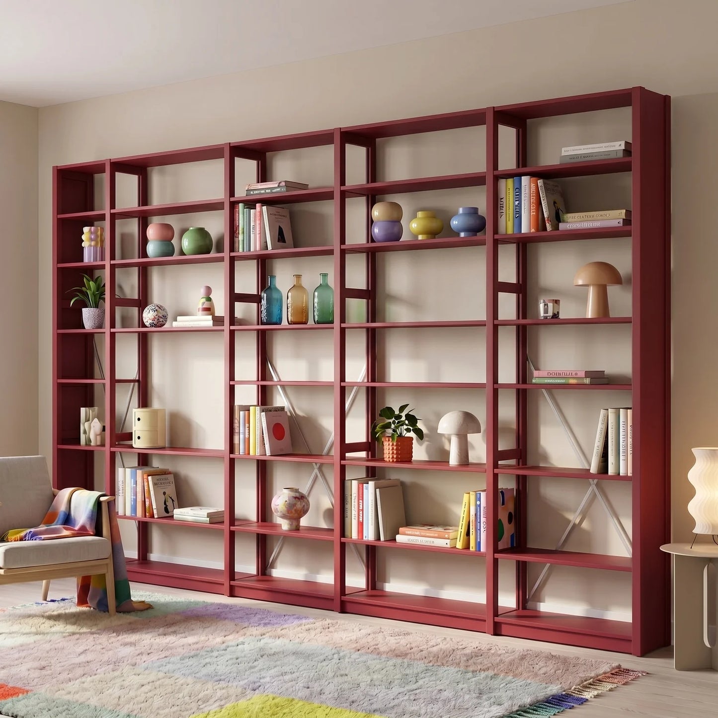 Bücherregal mit Diagonalen | Lundia Original | Bordeauxrot & Weißes Metall, sfeerbeeld vooraanzicht