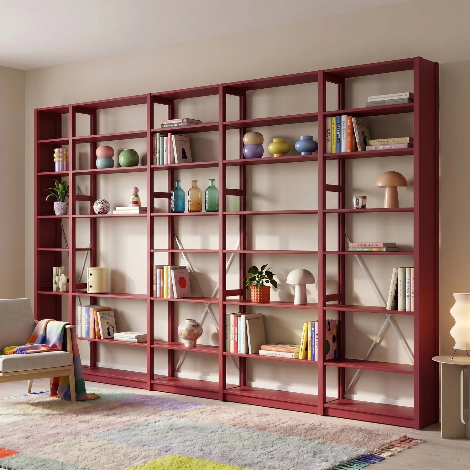 Bücherregal mit Diagonalen | Lundia Original | Bordeauxrot & Weißes Metall, sfeerbeeld vooraanzicht
