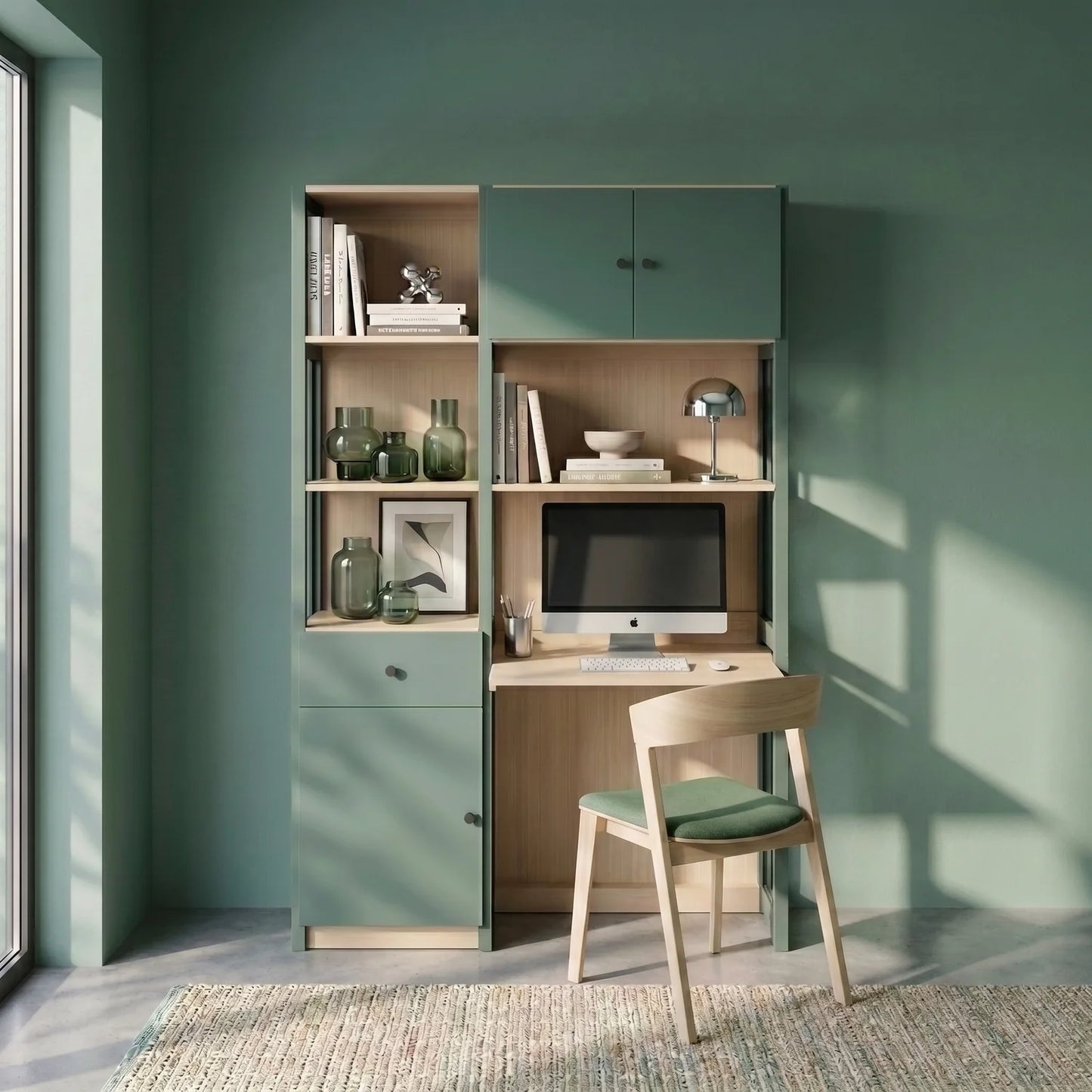 Büroschrank mit Schubladen und Türen | Lundia Original | Tannengrün & klar lackiertes Holz, sfeerbeeld perspectief
