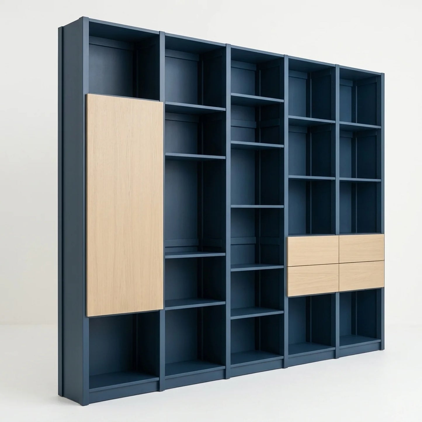 Bücherregal mit Türen und Schubladen | Lundia Original | Haagsblauw & klar lackiertes Holz, perspectief