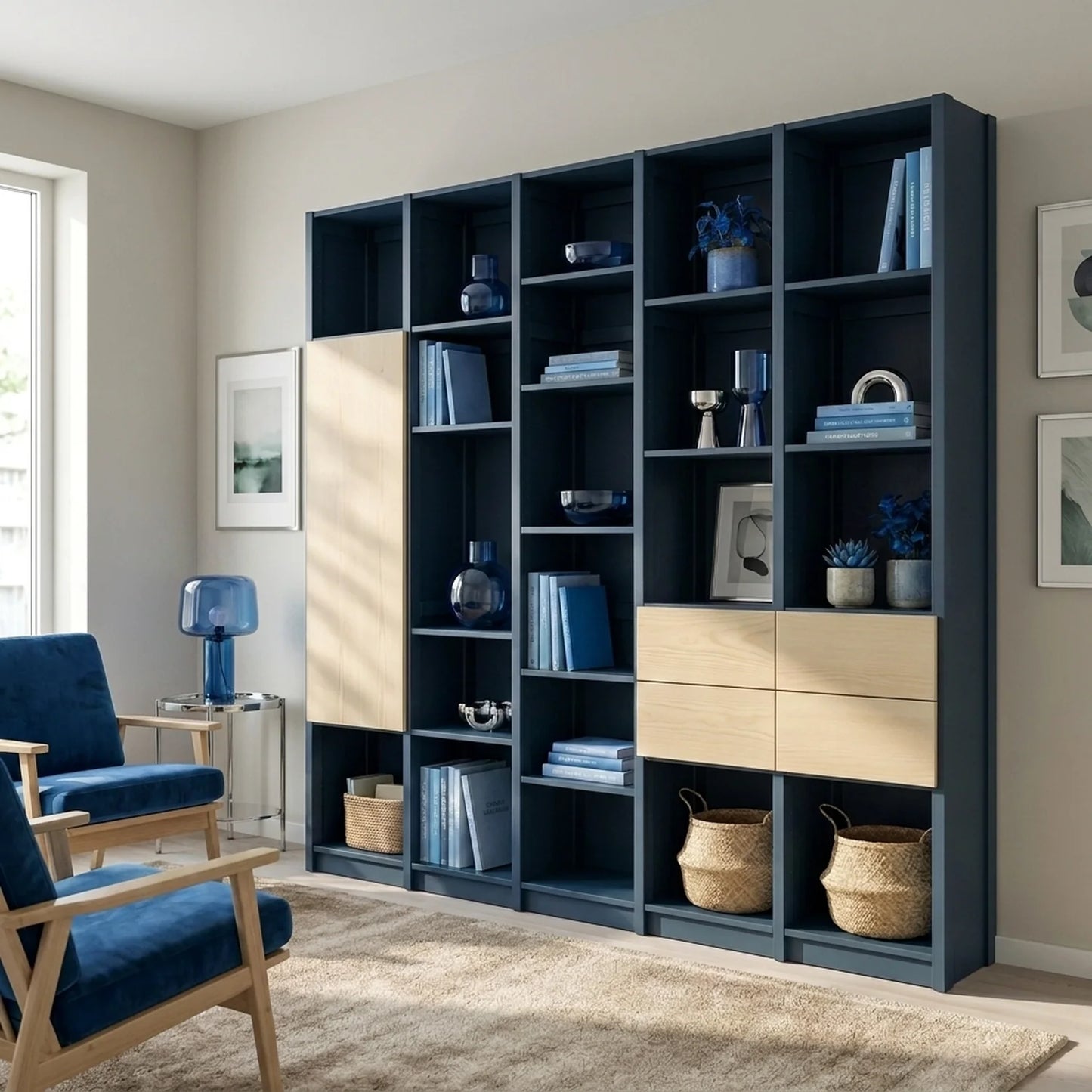 Bücherregal mit Türen und Schubladen | Lundia Original | Haagsblauw & klar lackiertes Holz, sfeerbeeld perspectief