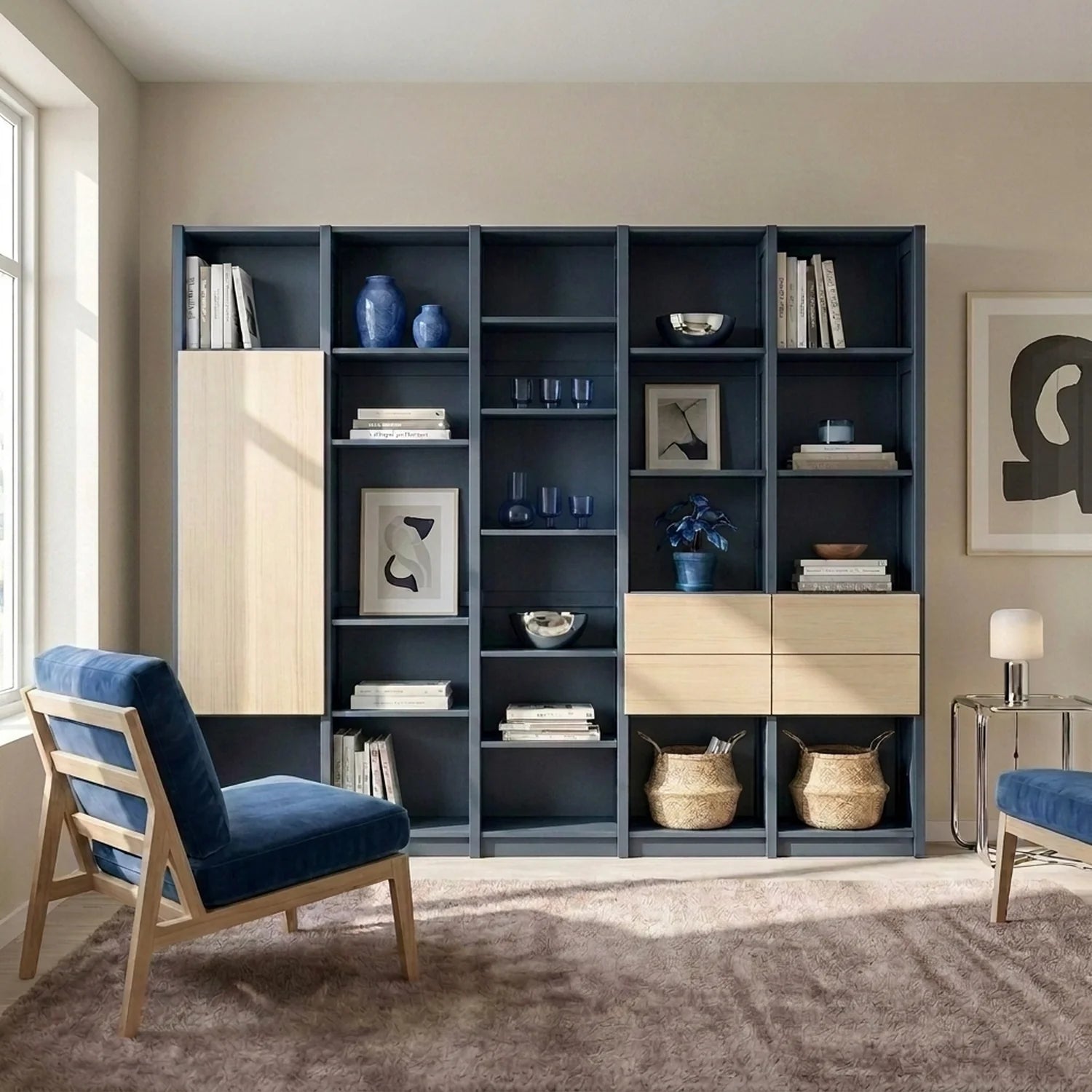 Bücherregal mit Türen und Schubladen | Lundia Original | Haagsblauw & klar lackiertes Holz, sfeerbeeld vooraanzicht