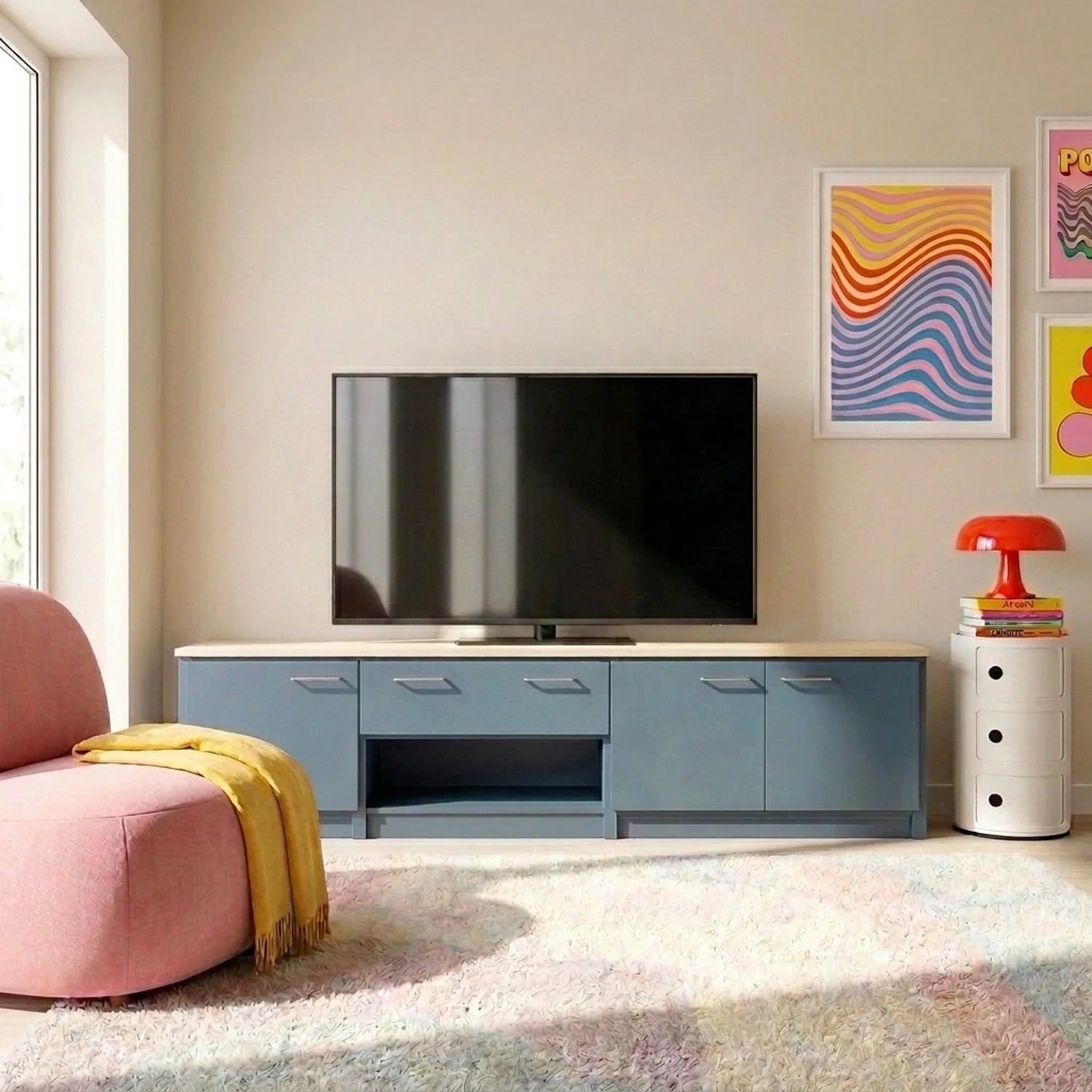TV-Schrank mit Schubladen und Türen | Lundia Original | Haagsblaues und klar lackiertes Holz, sfeerbeeld vooraanzicht
