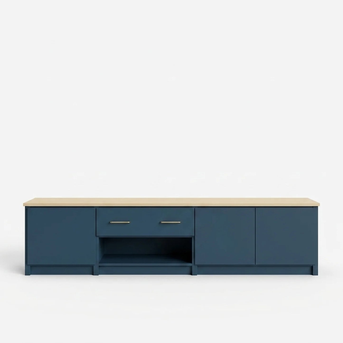 TV-Schrank mit Schubladen und Türen | Lundia Original | Haagsblaues und klar lackiertes Holz, vooraanzicht