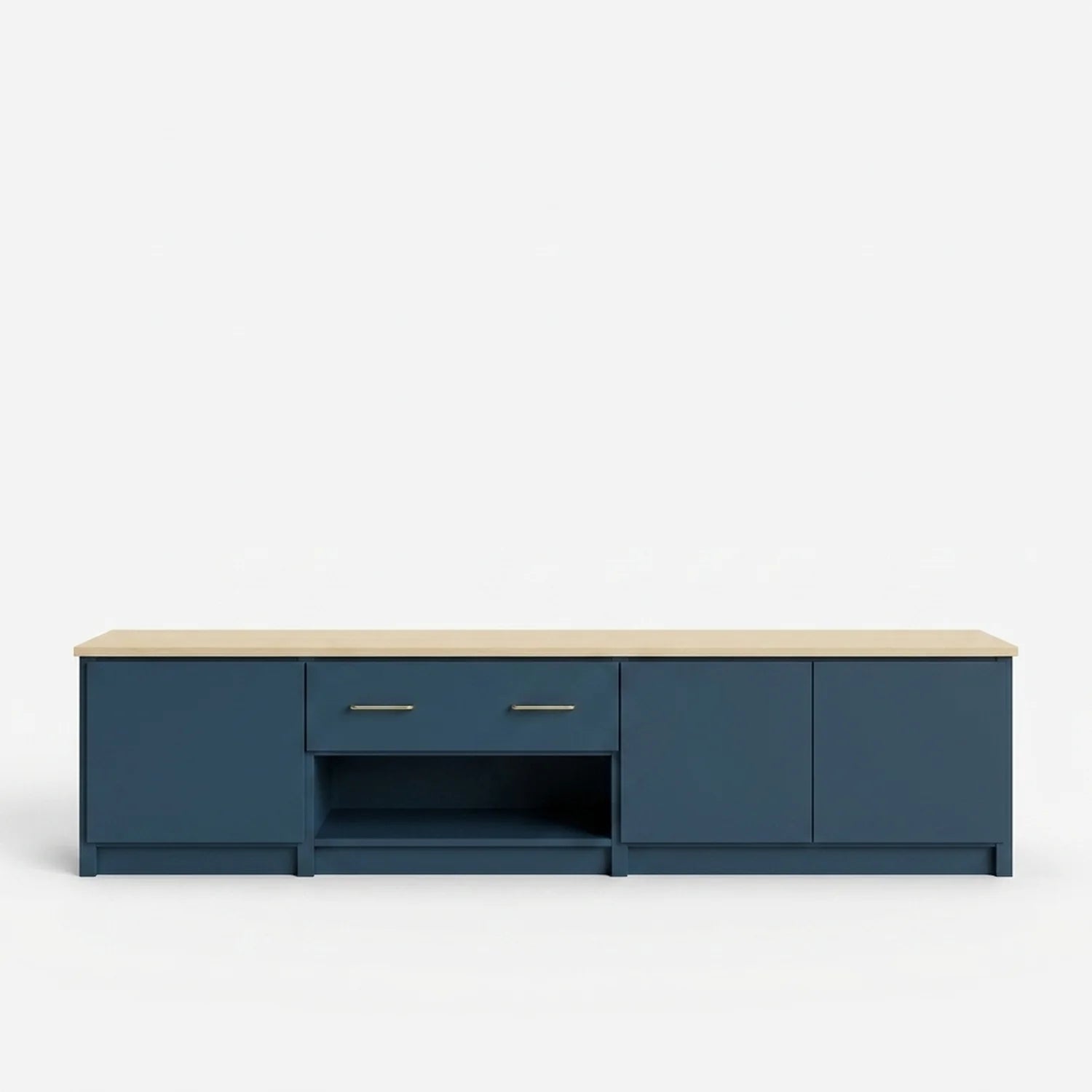 TV-Schrank mit Schubladen und Türen | Lundia Original | Haagsblaues und klar lackiertes Holz, vooraanzicht