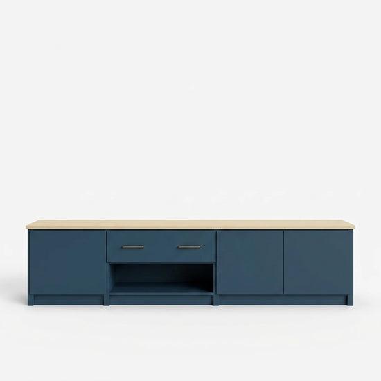 TV-Schrank mit Schubladen und Türen | Lundia Original | Haagsblaues und klar lackiertes Holz, vooraanzicht