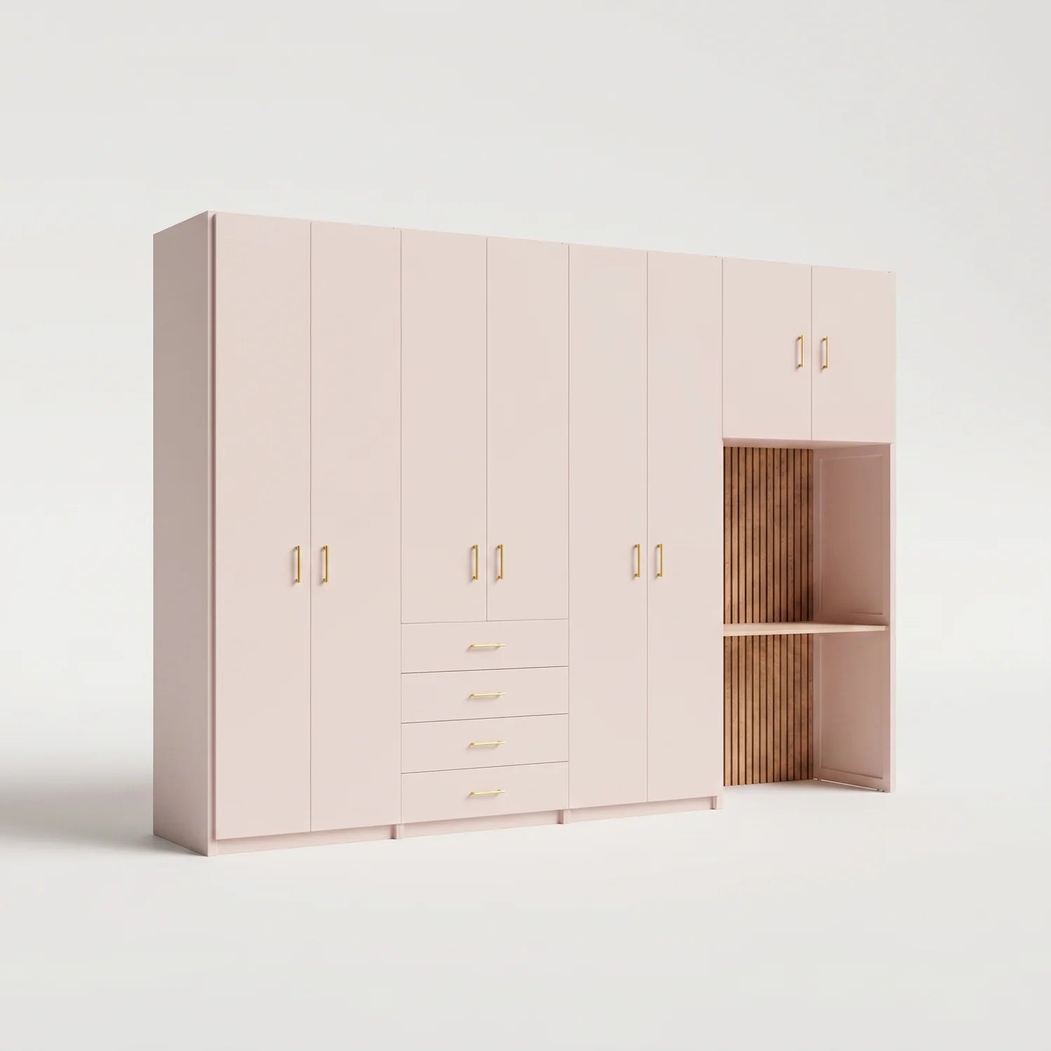 Kledingkast met bureau en lattenwanden | Lundia Original maatwerk | Kalkroze hout, perspectief