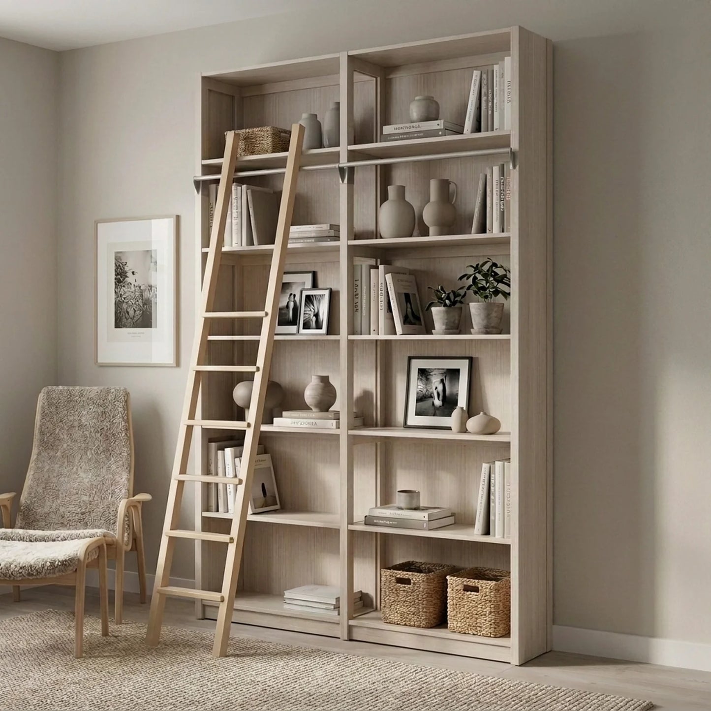 Holzbücherregal mit Leiter | Lundia Original | Latte Holz, sfeerbeeld perspectief