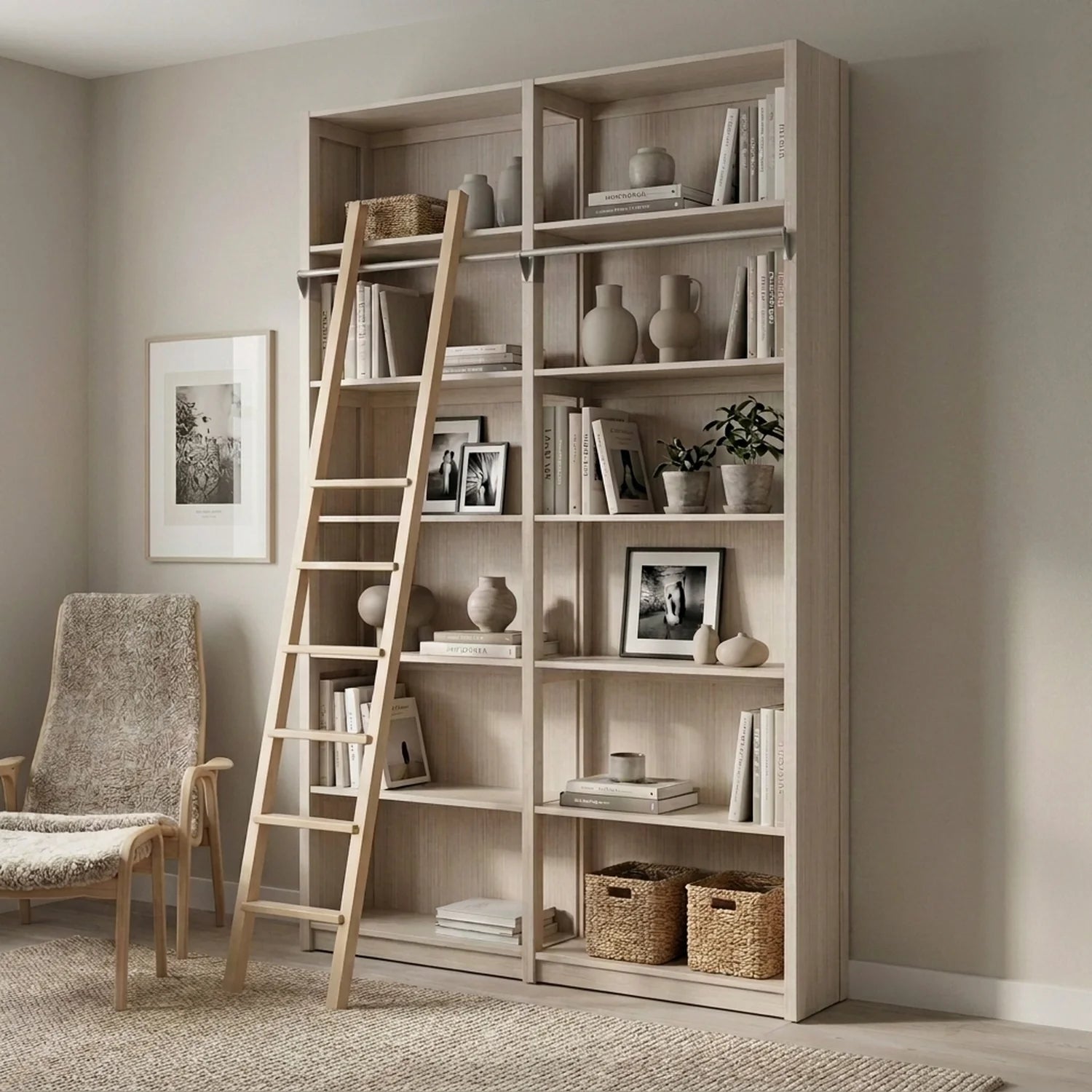 Holzbücherregal mit Leiter | Lundia Original | Latte Holz, sfeerbeeld perspectief