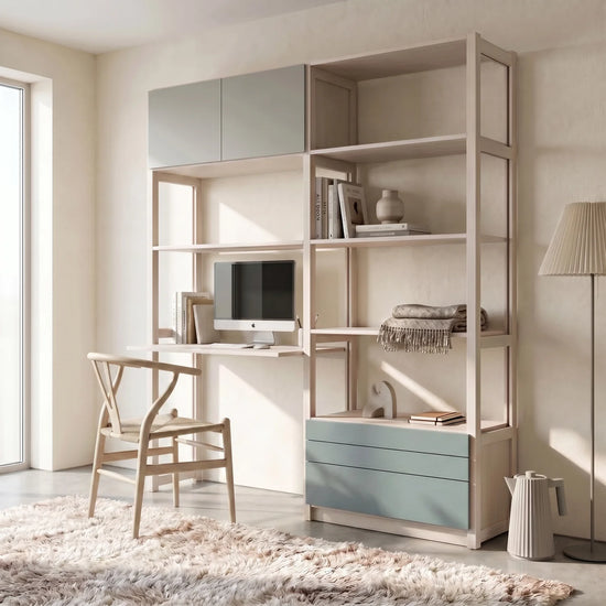 Schreibtischschrank | Lundia Original | Latte, Sumpfgrün & Nebelgrau, sfeerbeeld perspectief