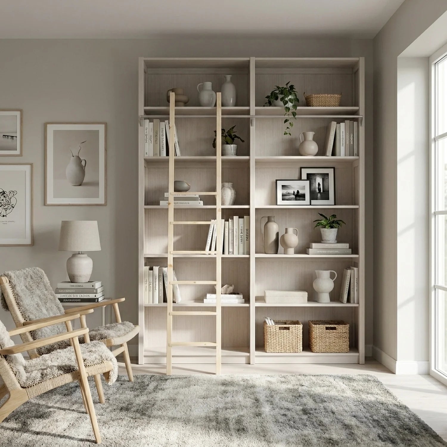 Holzbücherregal mit Leiter | Lundia Original | Latte Holz, sfeerbeeld vooraanzicht