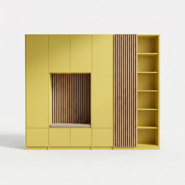 Wandkast met zithoek en lattenwanden | Lundia Original maatwerk | Mustard green hout, vooraanzicht