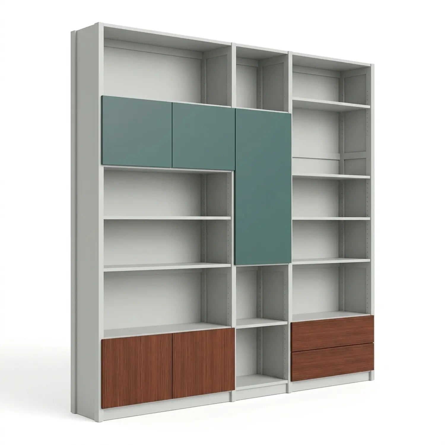 Bücherregal mit verspielter Türaufteilung und Schubladen | Lundia Original | Nebelgrau, Tannengrün & Castagne, perspectief