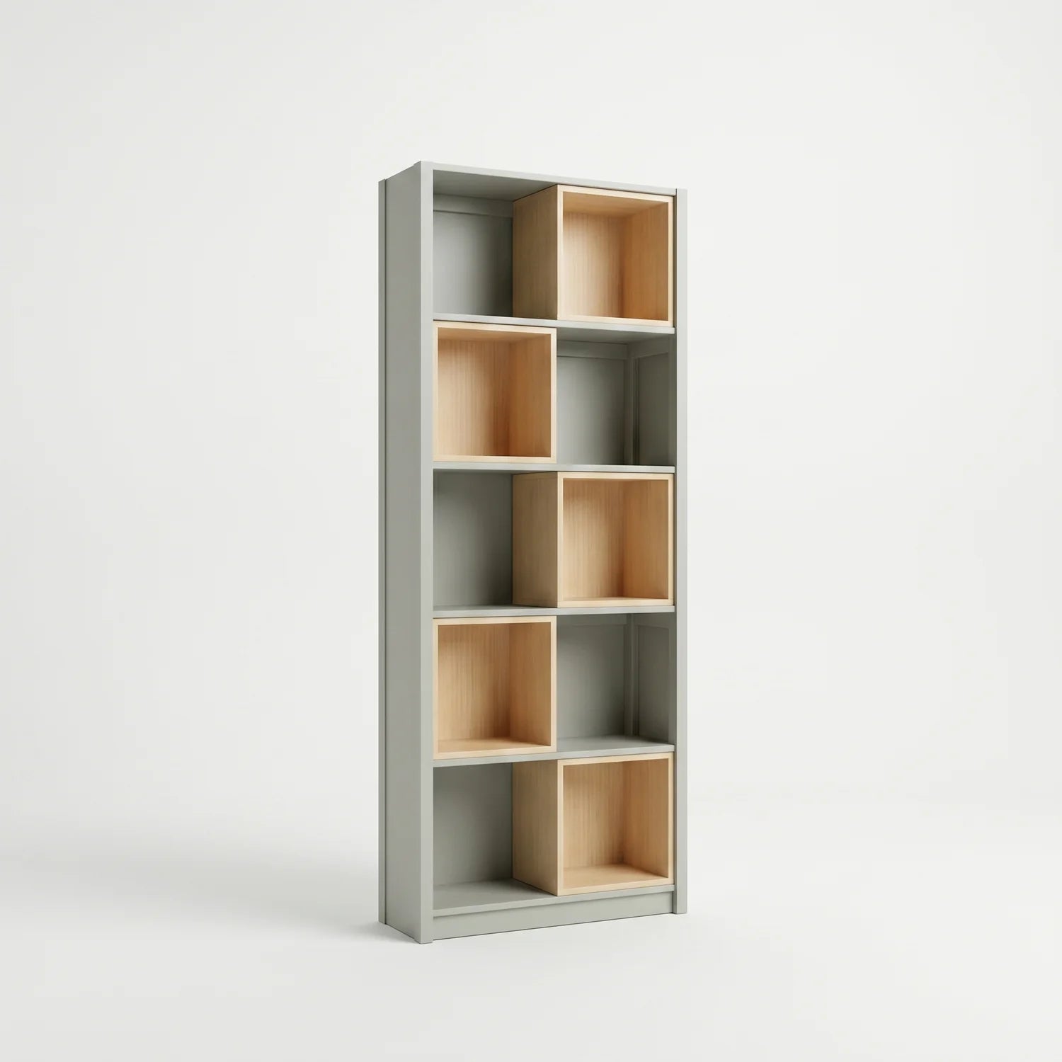 Bücherregal mit Einsatzboxen | Lundia Original | Nebelgrau & Klar lackiertes Holz, perspectief