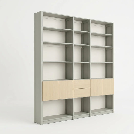 Bücherwandschrank mit Türen und Schubladen | Lundia Original | Nebelgrau, Weiß, Klar lackiert, perspectief