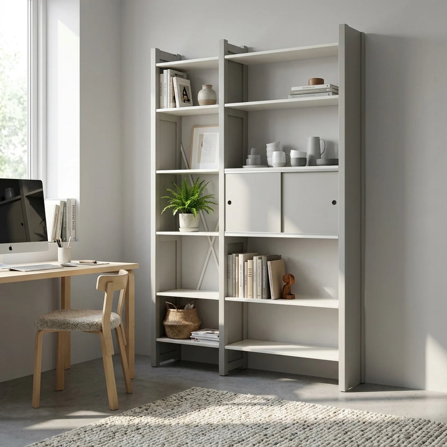 Bücherregal mit Schiebetüren | Lundia Original | Nebelgrau & weißes Holz, sfeerbeeld perspectief