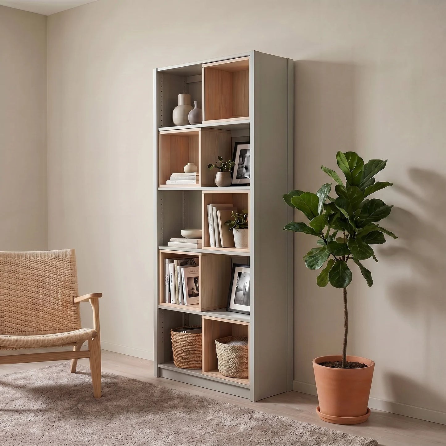 Bücherregal mit Einsatzboxen | Lundia Original | Nebelgrau & Klar lackiertes Holz, sfeerbeeld perspectief