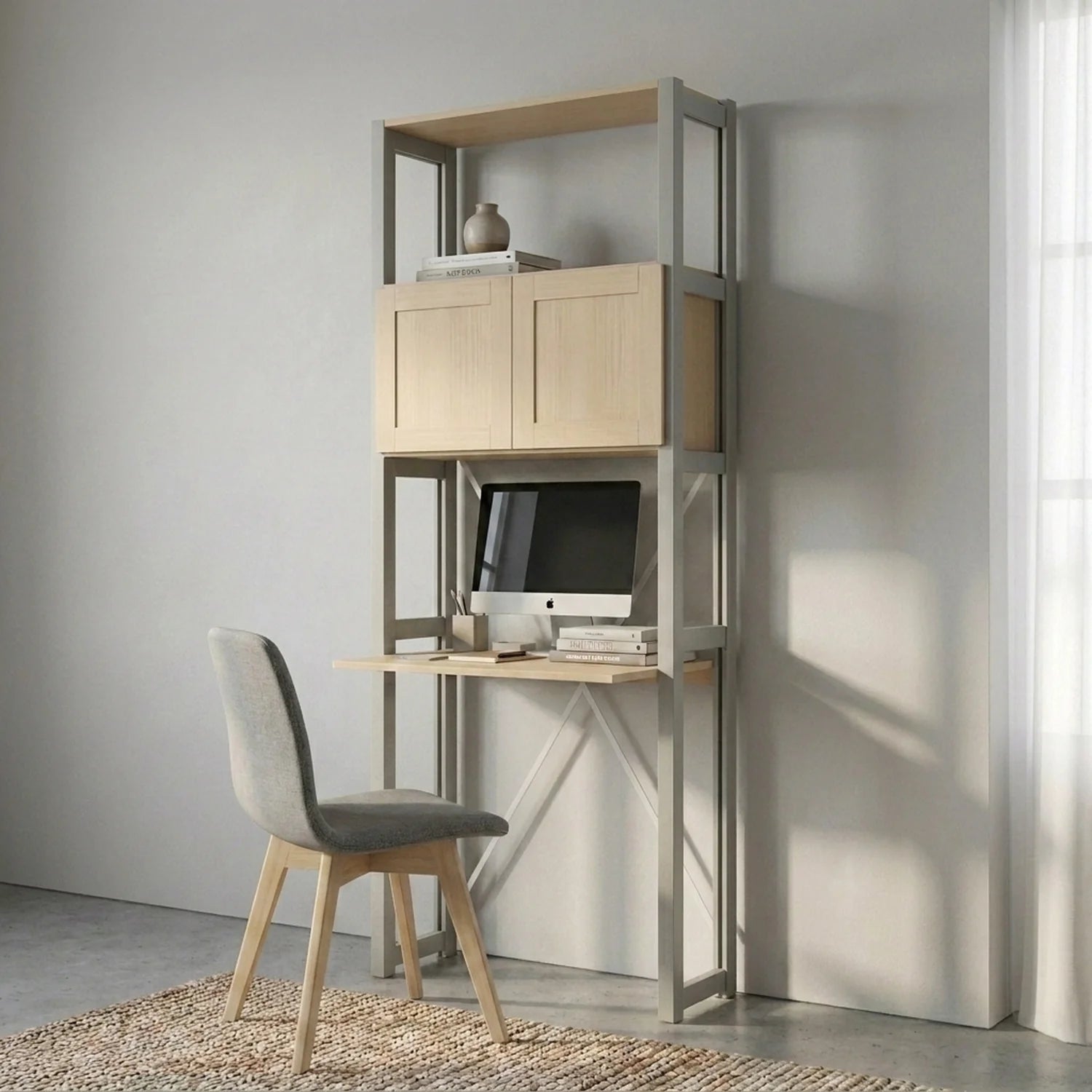 Kompakter Büroschrank mit Türen | Lundia Original | Nebelgrau & Klar lackiertes Holz, sfeerbeeld perspectief