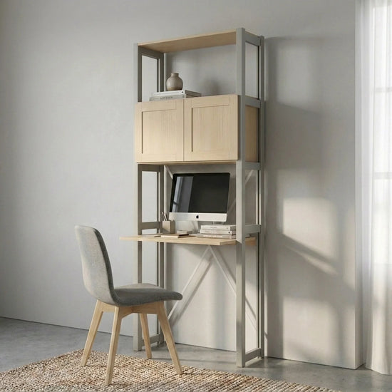 Kompakter Büroschrank mit Türen | Lundia Original | Nebelgrau & Klar lackiertes Holz, sfeerbeeld perspectief