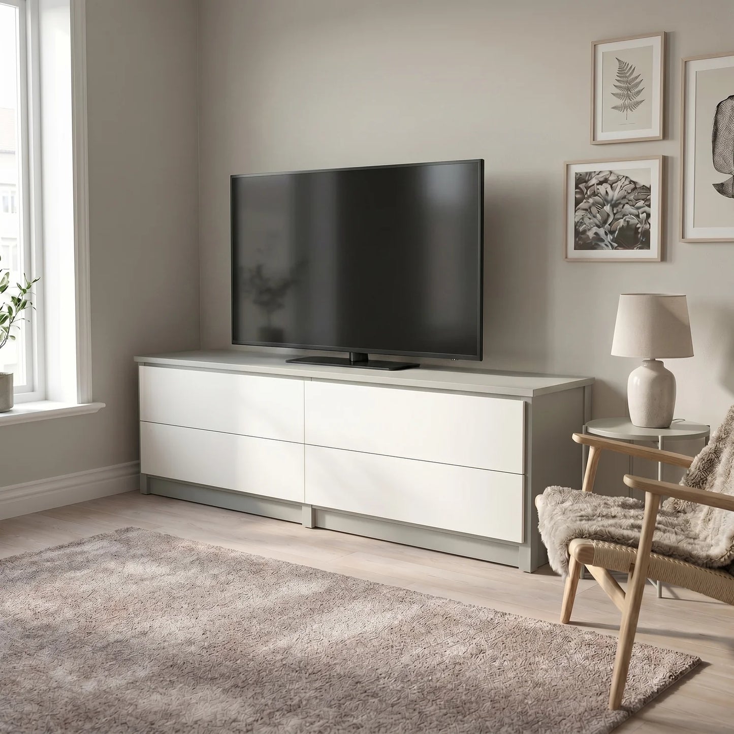 TV-Schrank mit Schubladen | Lundia Original | Nebelgraues & weißes Holz, sfeerbeeld perspectief