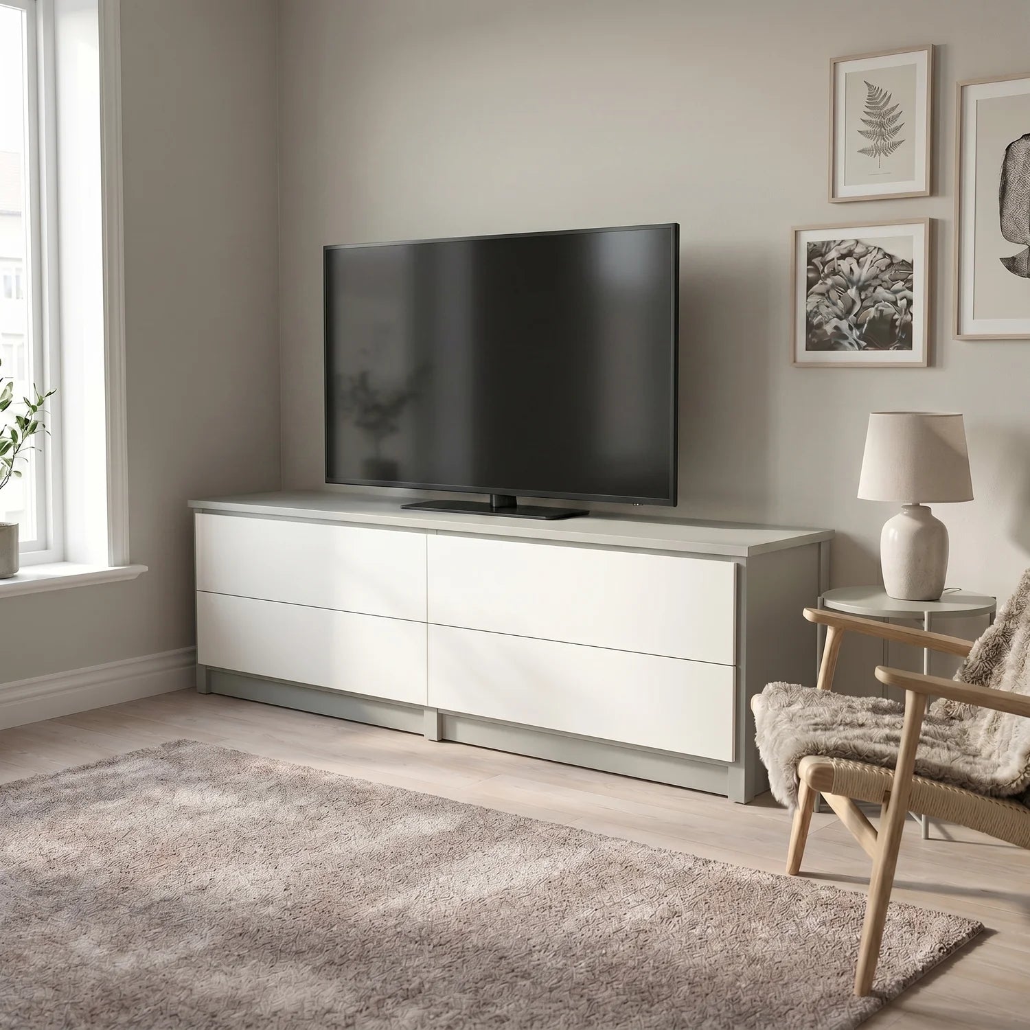 TV-Schrank mit Schubladen | Lundia Original | Nebelgraues & weißes Holz, sfeerbeeld perspectief