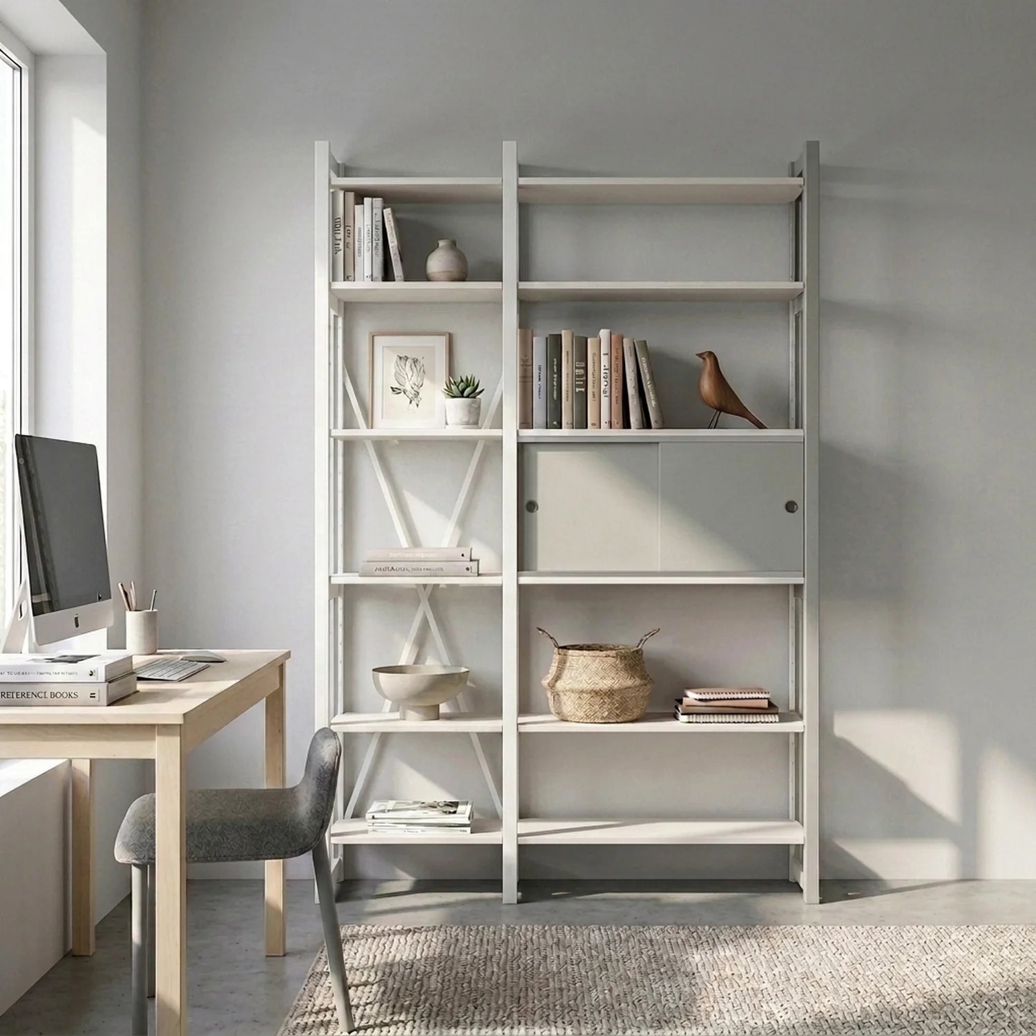 Bücherregal mit Schiebetüren | Lundia Original | Nebelgrau & weißes Holz, sfeerbeeld vooraanzicht