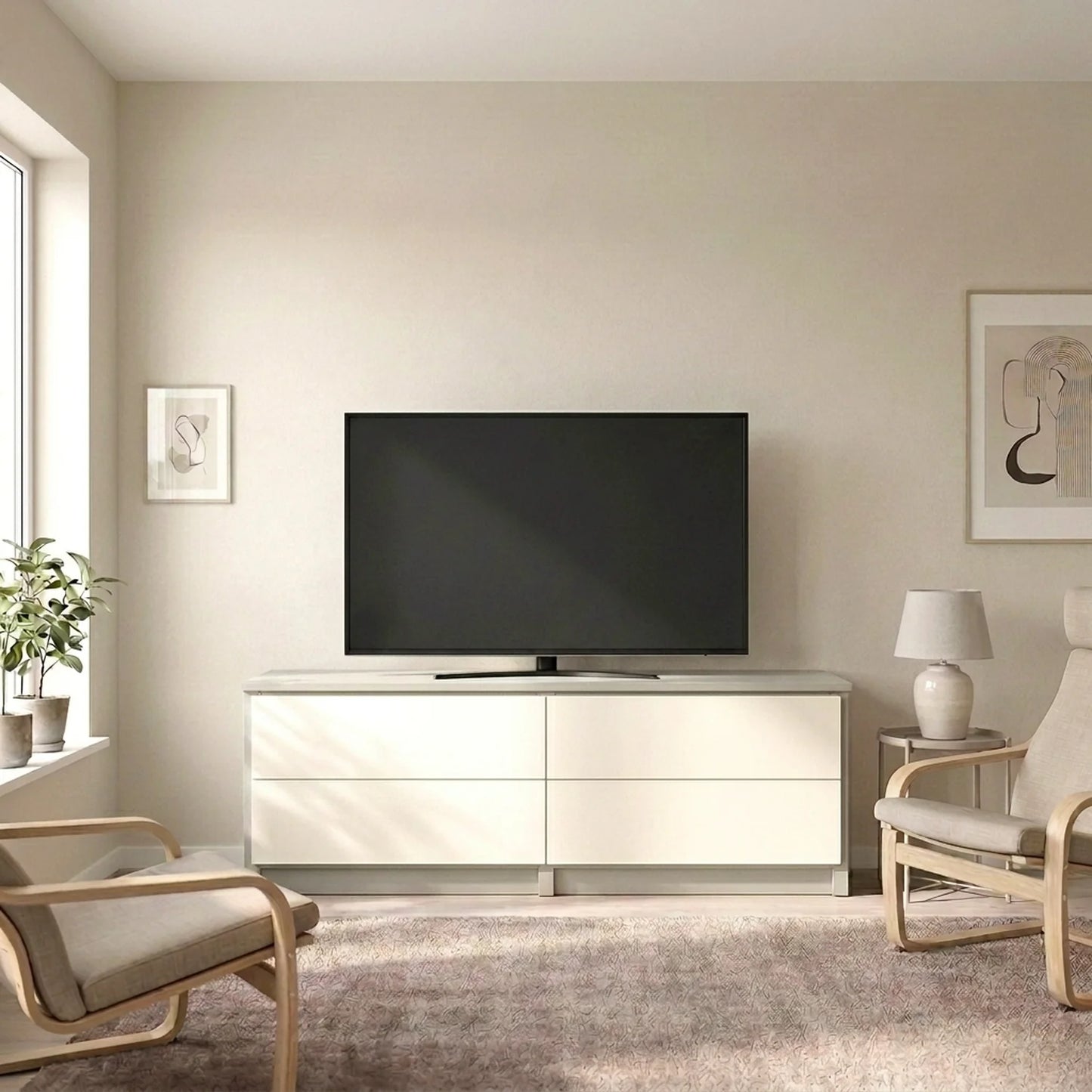 TV-Schrank mit Schubladen | Lundia Original | Nebelgraues & weißes Holz, sfeerbeeld vooraanzicht