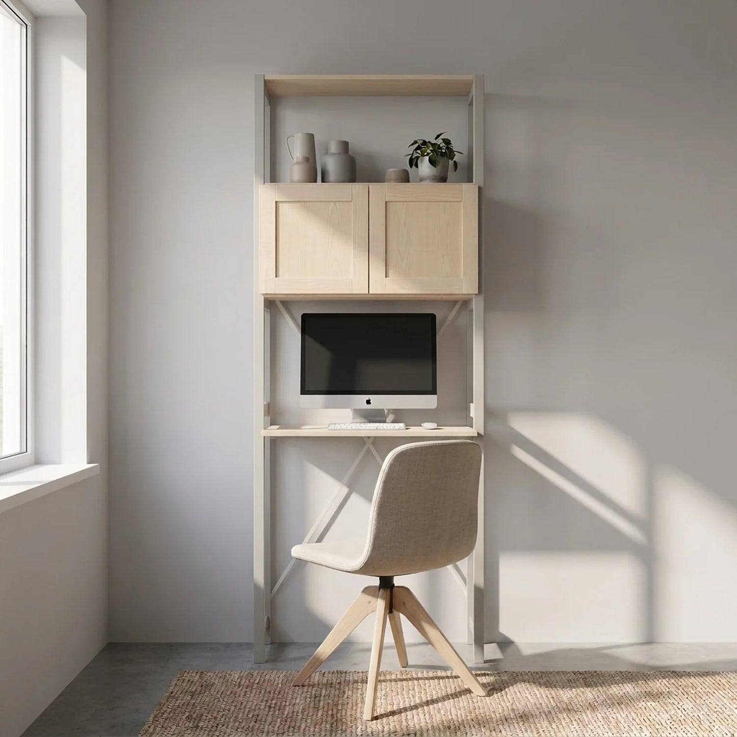 Kompakter Büroschrank mit Türen | Lundia Original | Nebelgrau & Klar lackiertes Holz, sfeerbeeld vooraanzicht