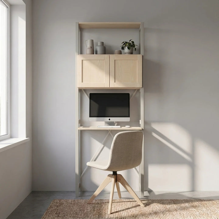 Kompakter Büroschrank mit Türen | Lundia Original | Nebelgrau & Klar lackiertes Holz, sfeerbeeld vooraanzicht