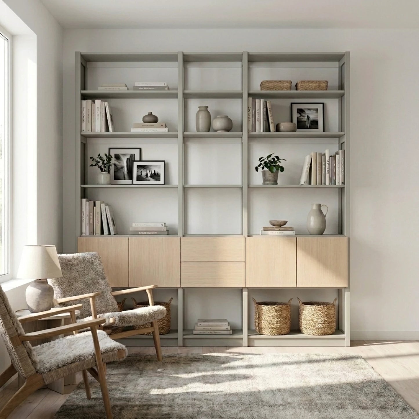 Bücherwandschrank mit Türen und Schubladen | Lundia Original | Nebelgrau, Weiß, Klar lackiert, sfeerbeeld vooraanzicht